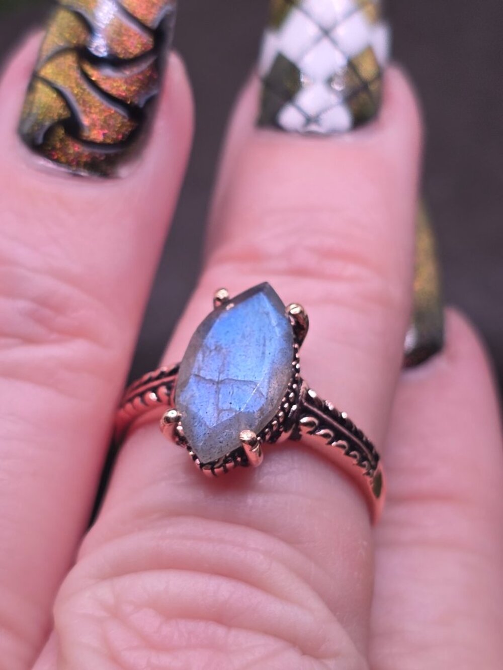 Labradorite Copper Marquise Ring Size 7 Blue Flash Gemstone Jewelry